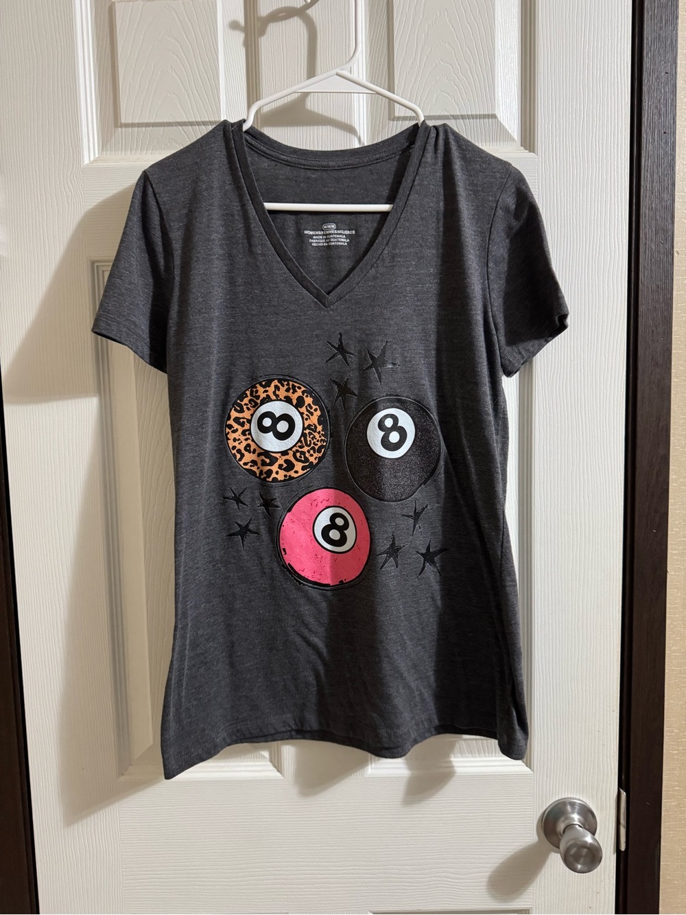Women's Charcoal V-Neck Graphic Tee with Pink and Leopard 8-Ball Design
